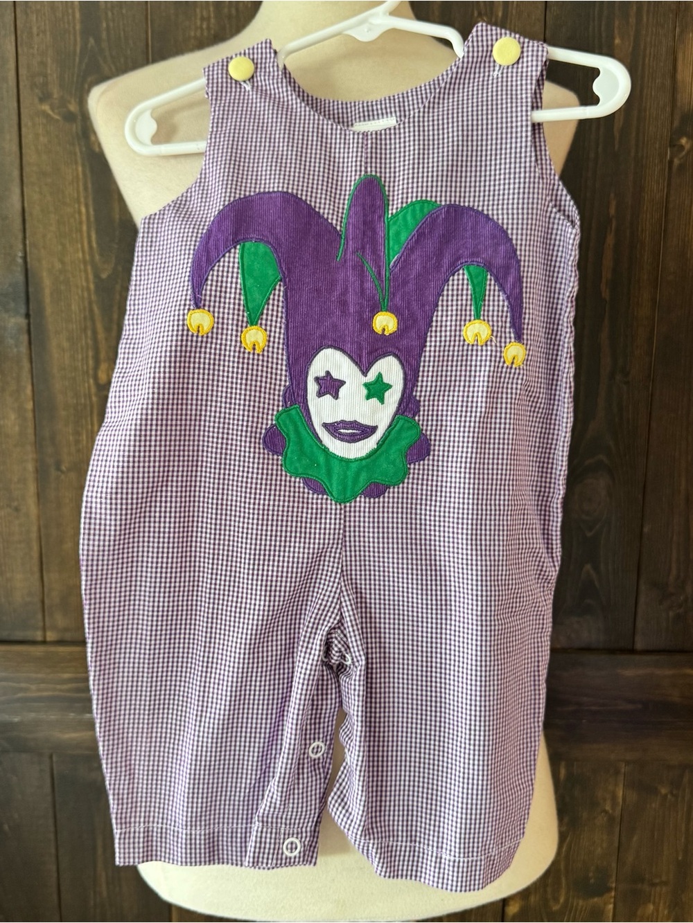 Infant Mardi Gras Jesters Face Purple Gingham Romper 3 Months Appliqué